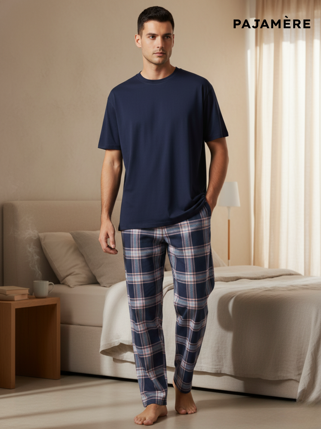 Navy Blue Checked Men's Pajama Set