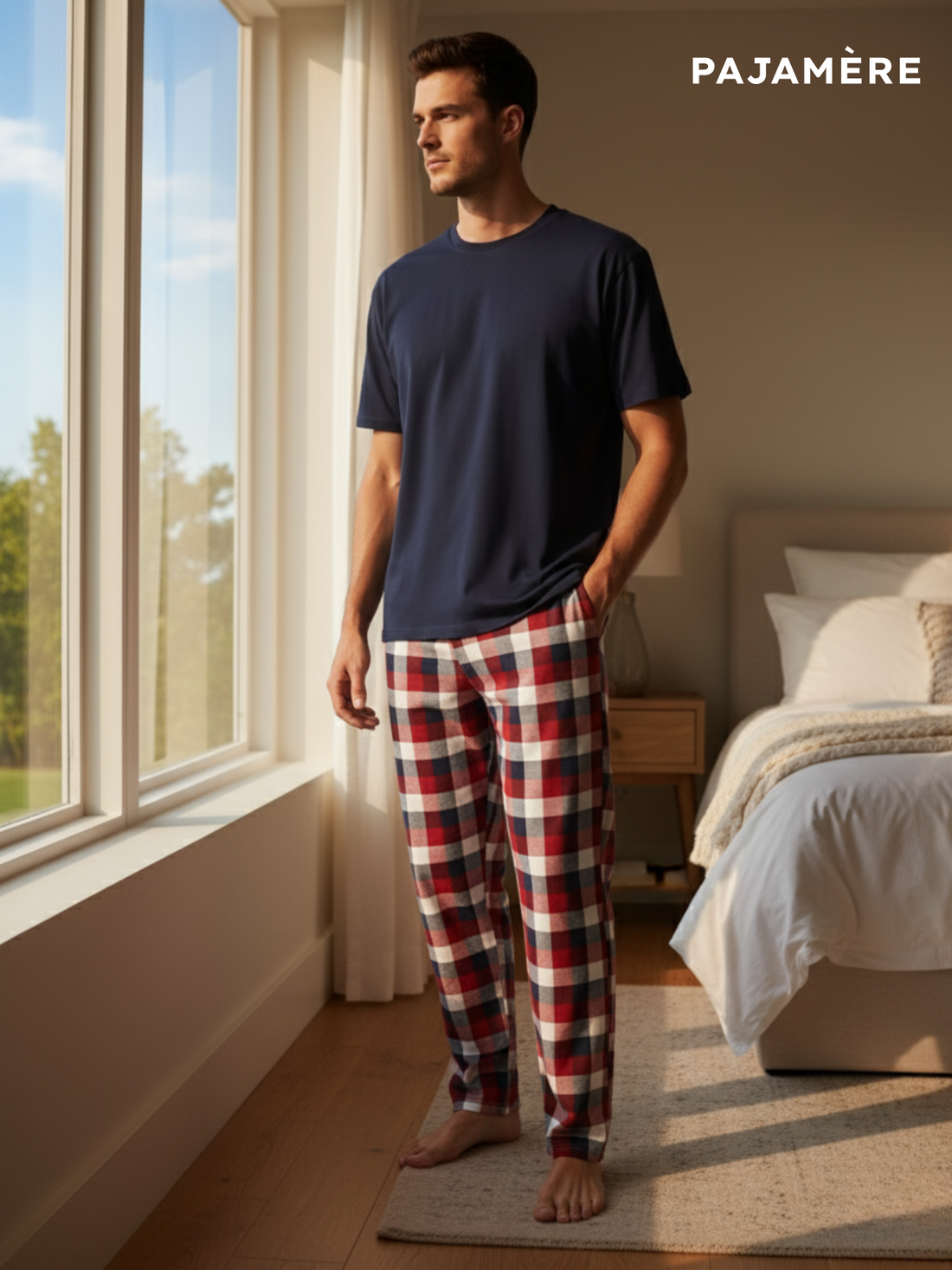 Navy Blue & Red Checked Men's Pajama Set