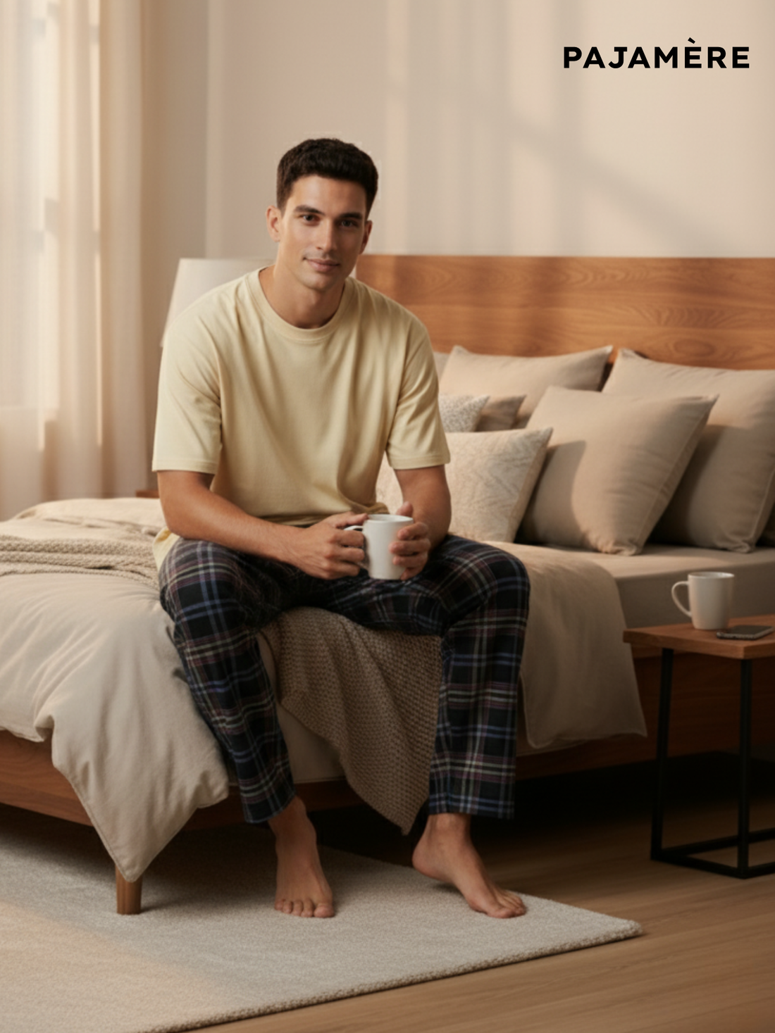 Beige - Navy Checked Men's Pajama Set