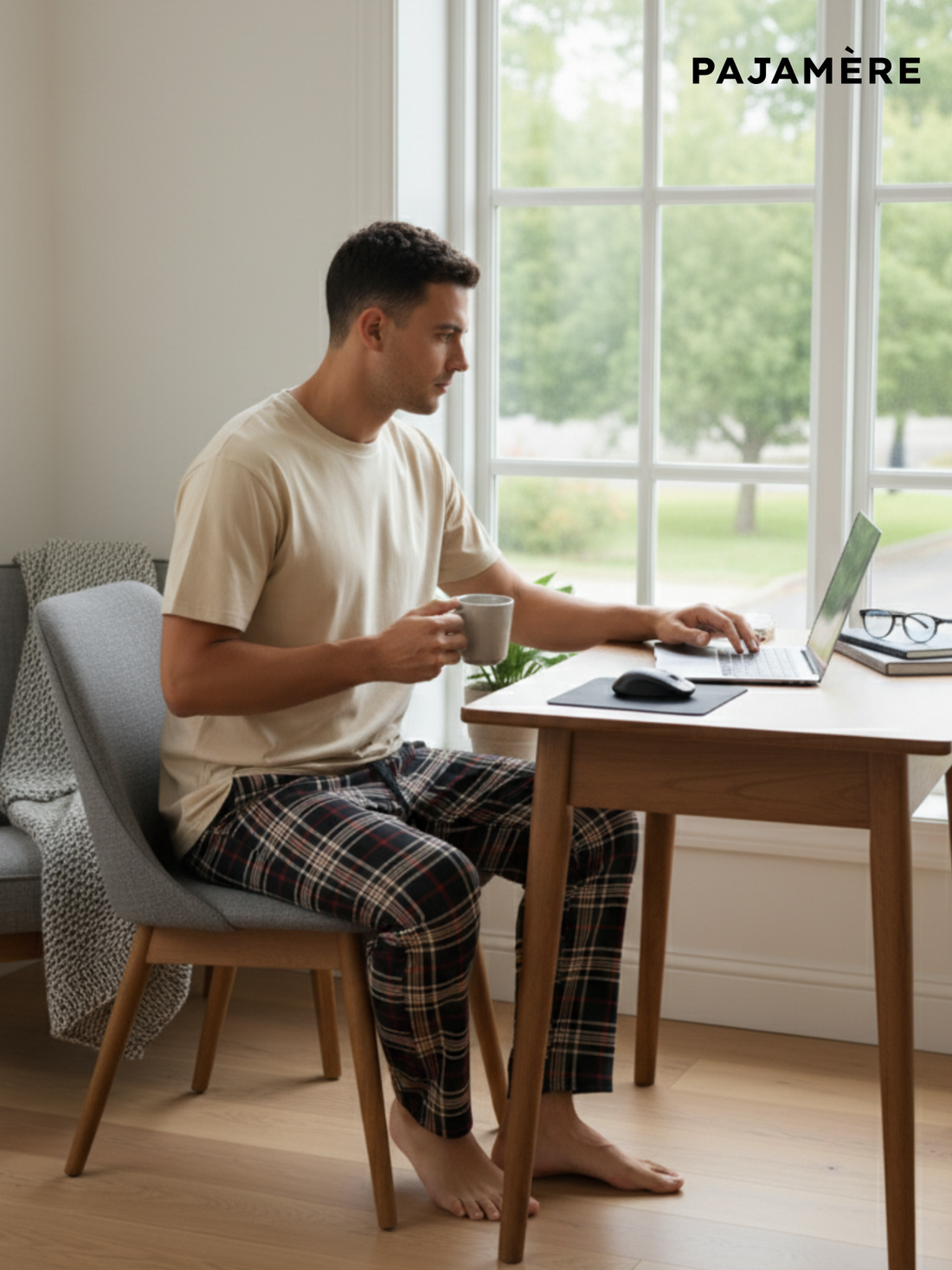 Beige & Navy Checked Men's Pajama Set