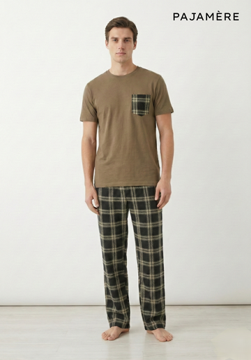 Men's Khaki Brown T-Shirt & Dark Plaid Lounge Set