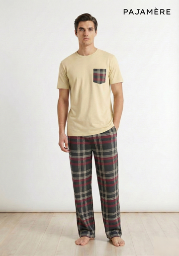 Men's Sand Beige T-Shirt & Red Check Plaid Lounge Set