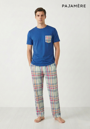Men's Royal Blue T-Shirt & Pastel Multi-Check Lounge Set