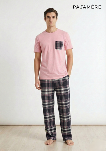Men's Pink T-Shirt & Dark Plaid Lounge Set